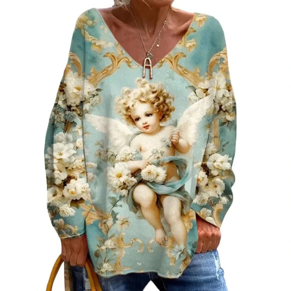 Romantic Cherub Tunic V Neck Tunic‎ Top L - Picture 1 of 4